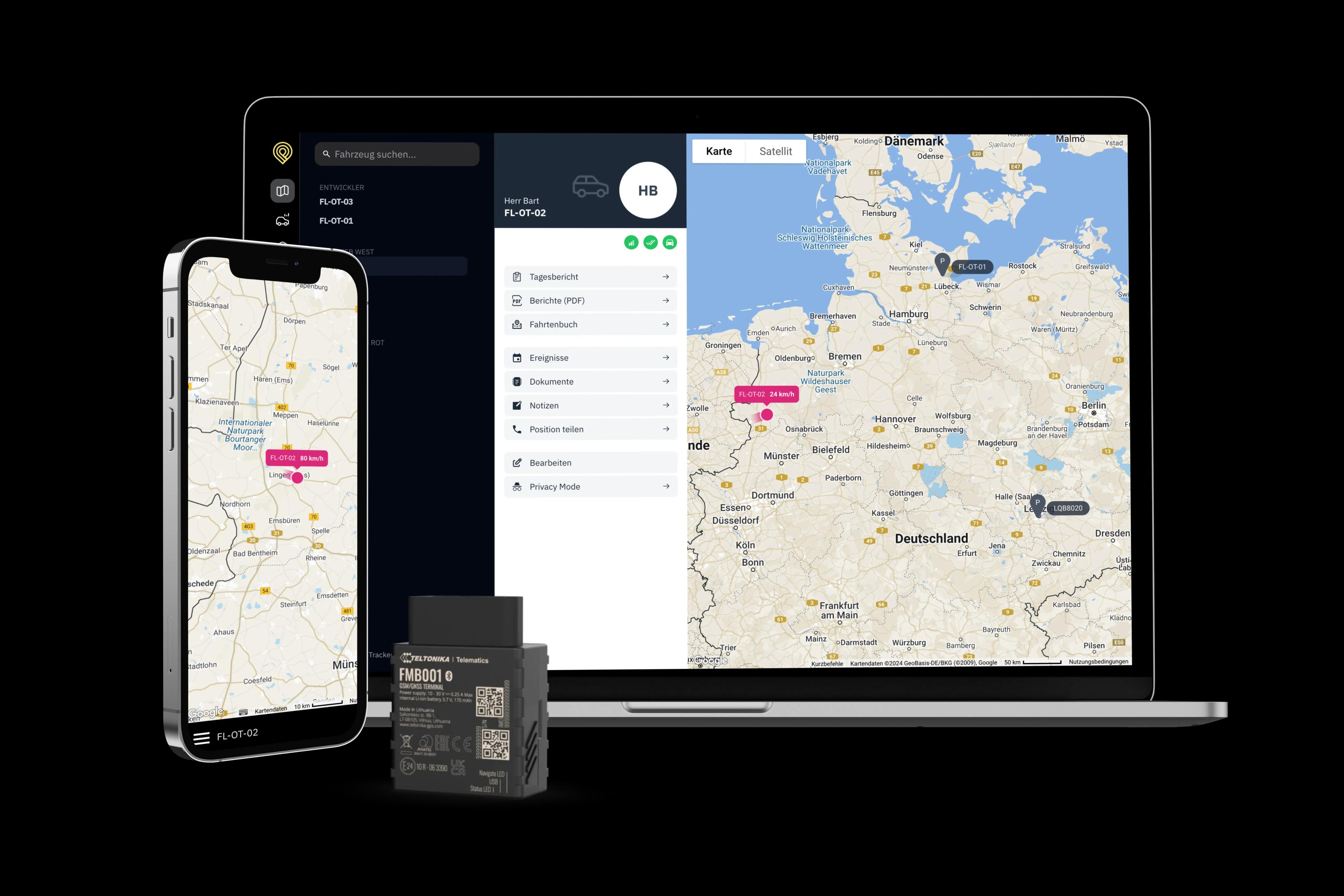 FLOTTR Dashboard, App und OBD-Tracker